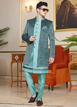 Light Teal Silk Embroidered Sequins Indowestern Sherwani