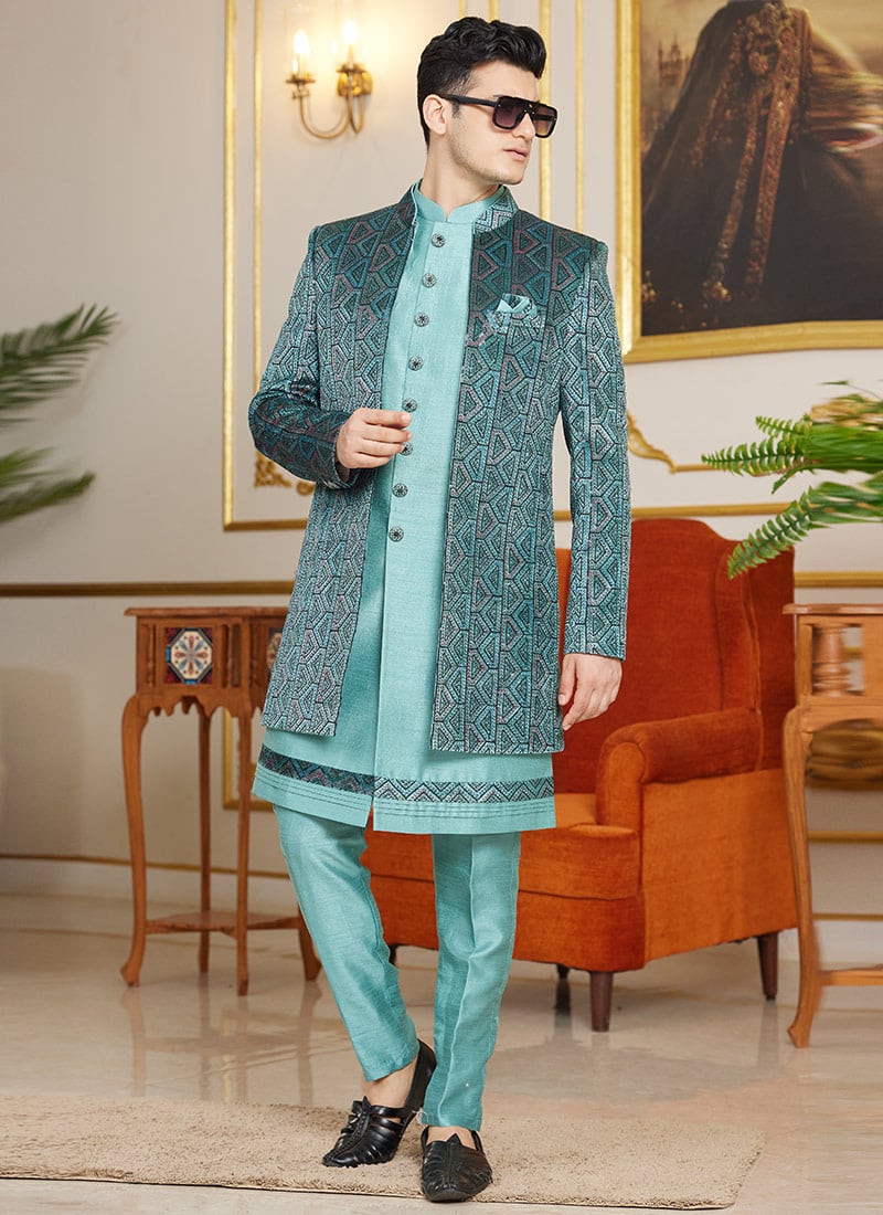 Light Teal Silk Embroidered Sequins Indowestern Sherwani Wedding Wear