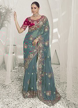 Light Teal Silk Embroidered Sequins Saree