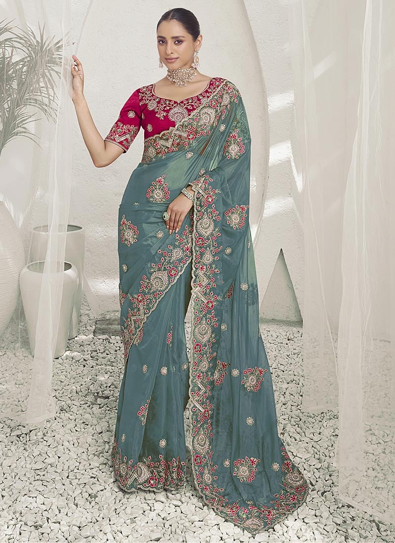 Light Teal Silk Embroidered Sequins Saree Wedding Wear