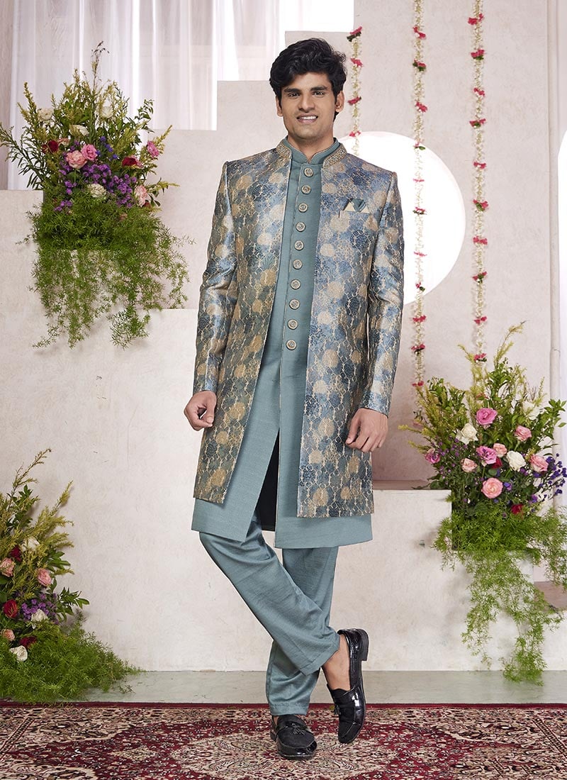 Light Teal Silk Hand Embroidered Digital Print Indowestern Sherwani