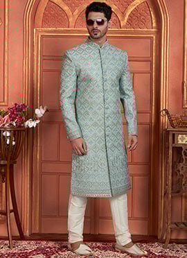 Light Teal Silk Thread Hand Work Classic Sherwani For Men