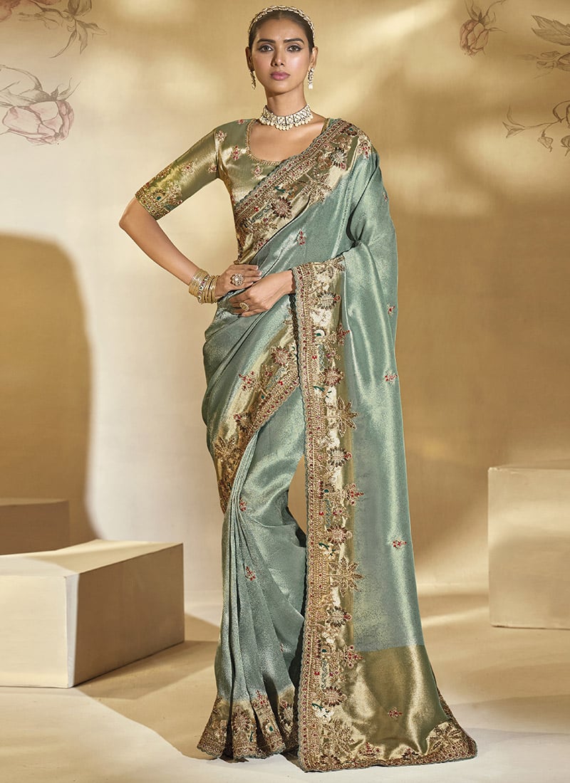 Light Teal Ziraf Silk Zardosi Mirror Work Sequins Zari Beads Thread Cutdana Saree Wedding Wear