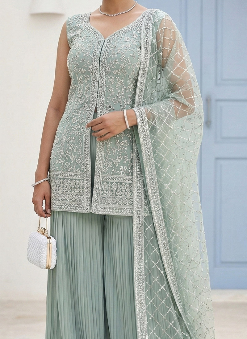 Crepe Silk Zari & Sequins Embroidered Suit With Embroidered Sharara