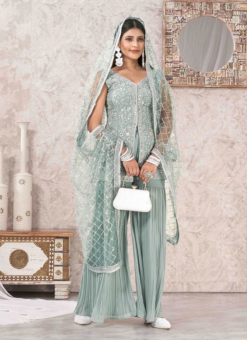 Light Turquoise Faux Georgette Embroidered Sequins Sharara Suit With Criss Cross Dupatta  Party Wear