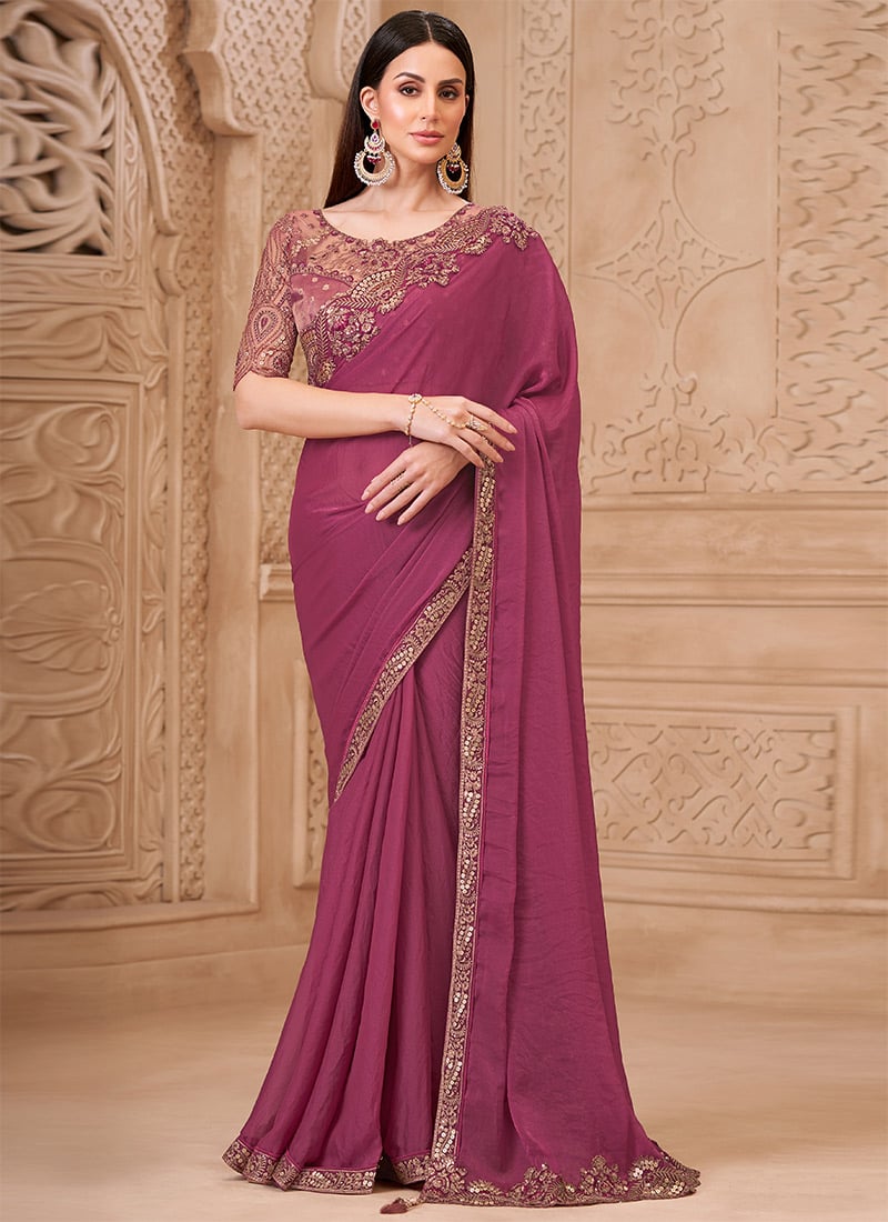 Light Wine Georgette Embroidered Sequins Saree Wedding Wear