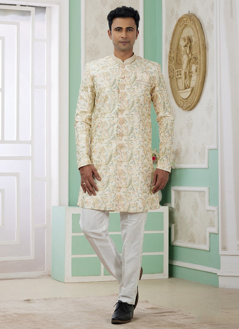 Light Yellow Banarasi Jacquard Digital Print Indowestern Sherwani Festive Wear