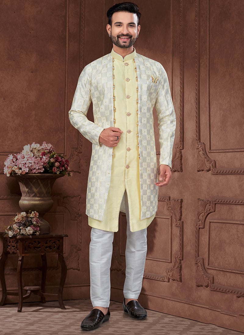 Light Yellow Banarasi Silk Embroidered Sequins Indowestern Sherwani