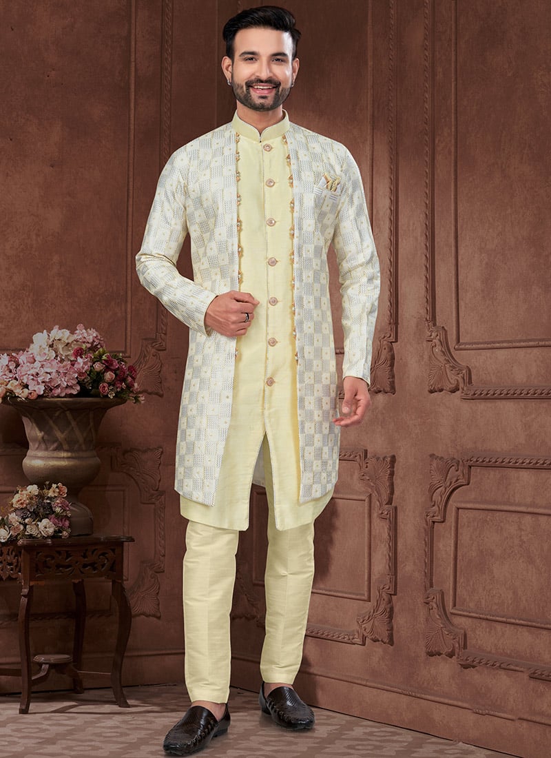 Light Yellow Banarasi Silk Embroidered Sequins Indowestern Sherwani Wedding Wear