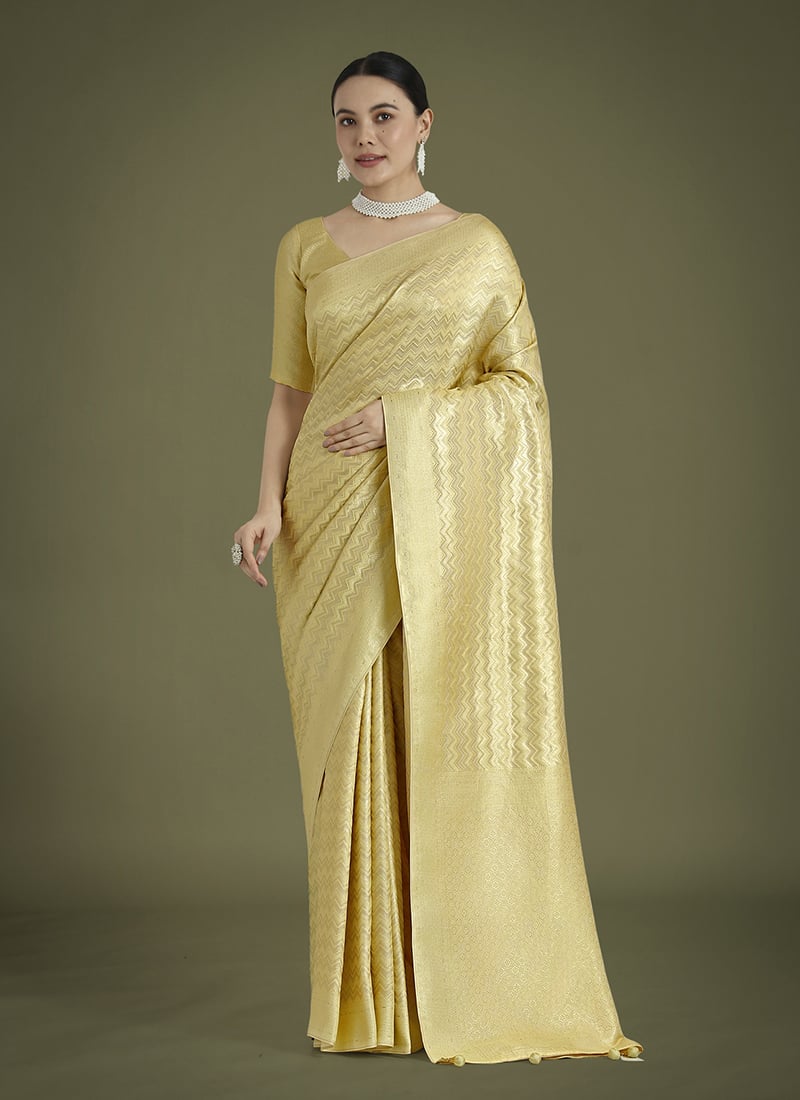 Light Yellow Banarasi Silk Zari Woven Saree Festive Wear