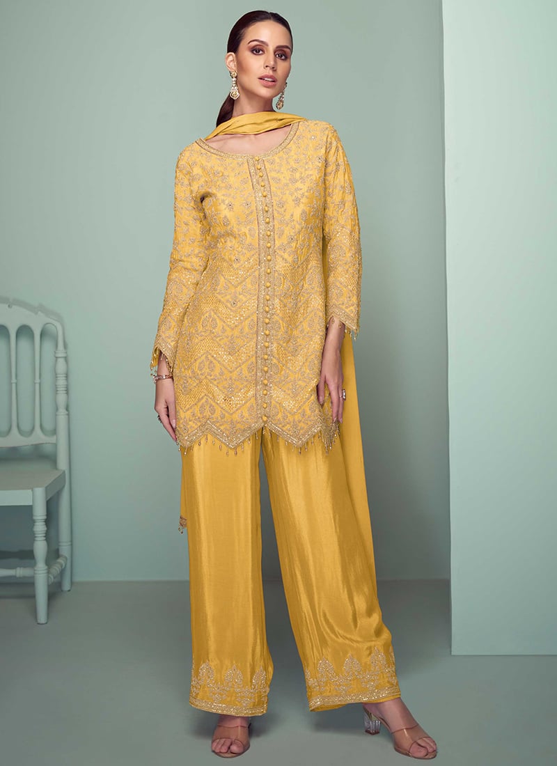 Light Yellow Chinon Embroidered Sequins Palazzo Suit Festive Wear