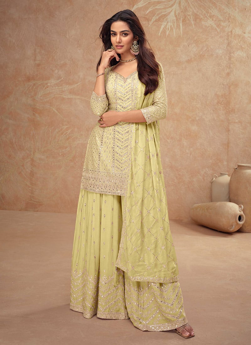 Light Yellow Chinon Embroidered Sequins Pakistani Palazzo Suit