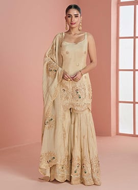 Light Yellow Chinon Silk Sequins Zari Gota Sharara Suit