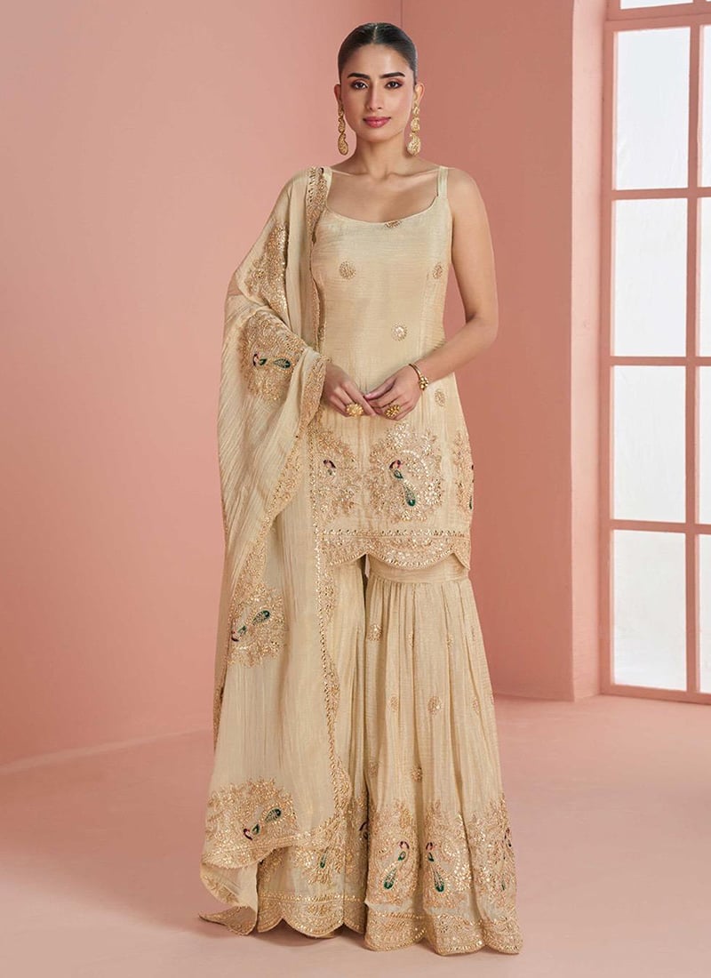 Light Yellow Chinon Silk Sequins Zari Gota Sharara Suit Festive Wear