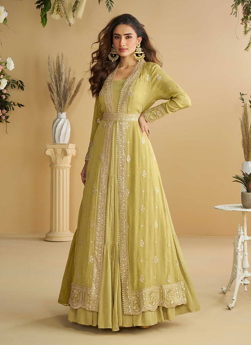 Light Yellow Chinon Silk Zari Embroidered Sequins Anarkali Gown With Jacket Festive Wear