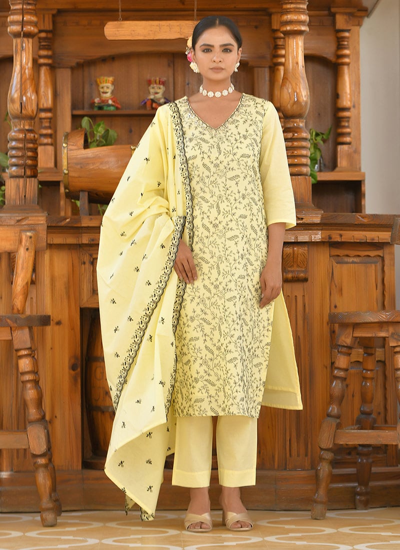 Light Yellow Cotton Floral Printed Embroidered Straight Pant Suit