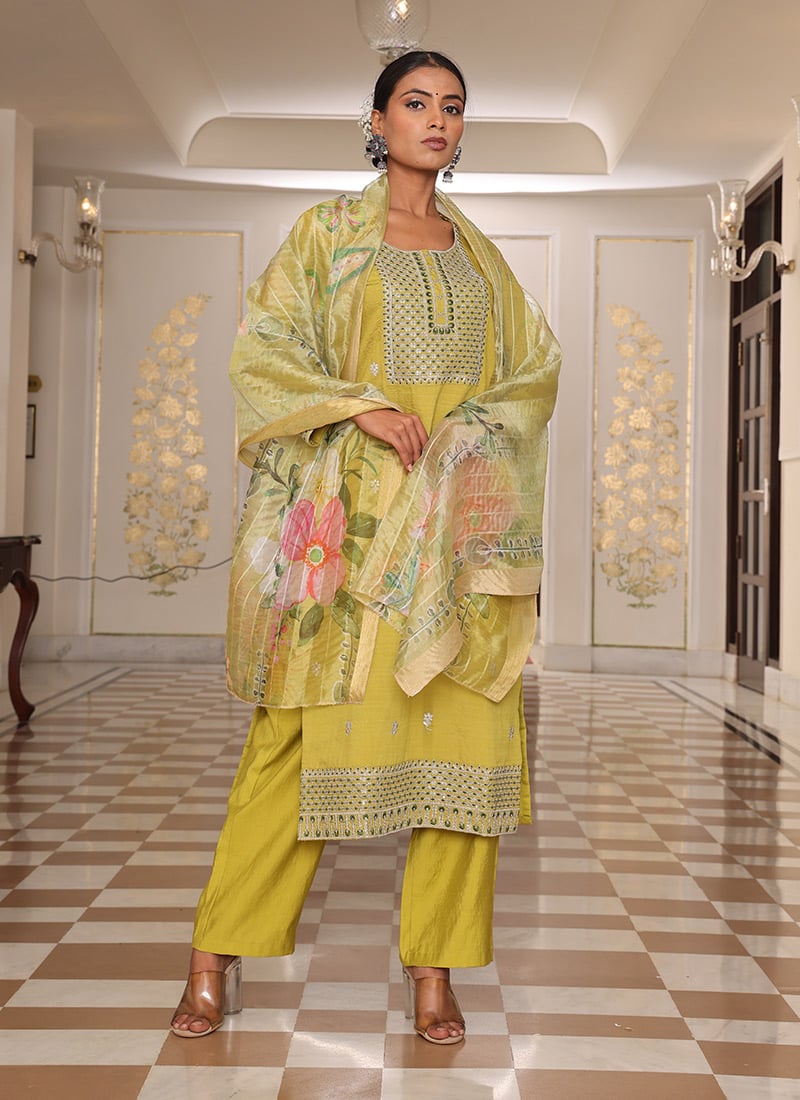Light Yellow Cotton Silk Embroidered Sequins Straight Pant Suit With Jacquard Digital Print Dupatta Festive Wear