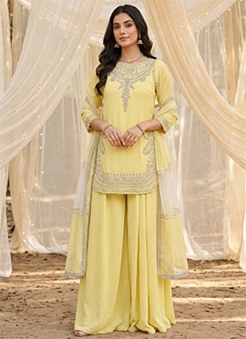 Light Yellow Crepe Silk Embroidered Sequins Palazzo Suit