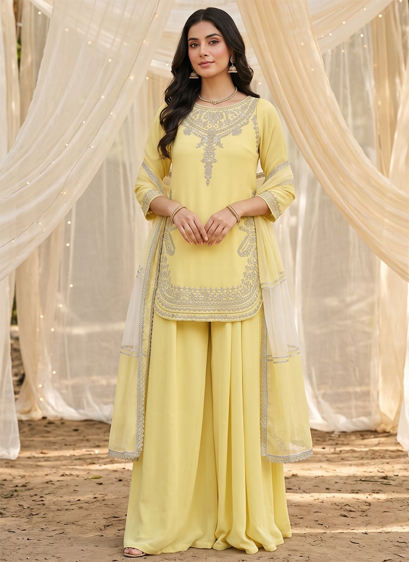 Light Yellow Crepe Silk Embroidered Sequins Palazzo Suit Festive Wear