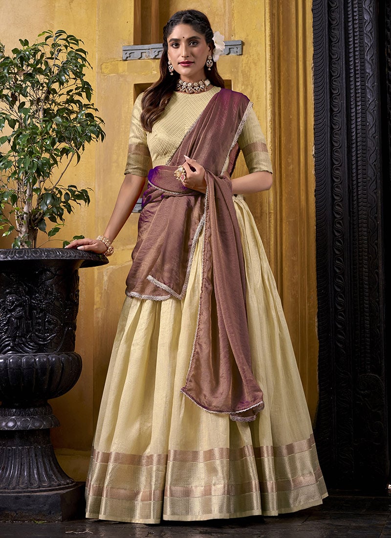Light Yellow Dupion Silk Zari Work Lehenga Festive Wear