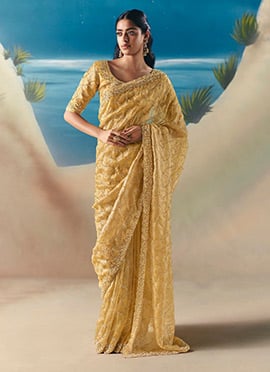 Light Yellow Fancy Silk Zari Embroidered Sequins With Beads Work Saree