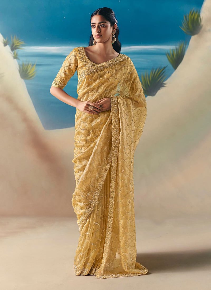 Light Yellow Fancy Silk Zari Embroidered Sequins With Beads Work Saree Wedding Wear