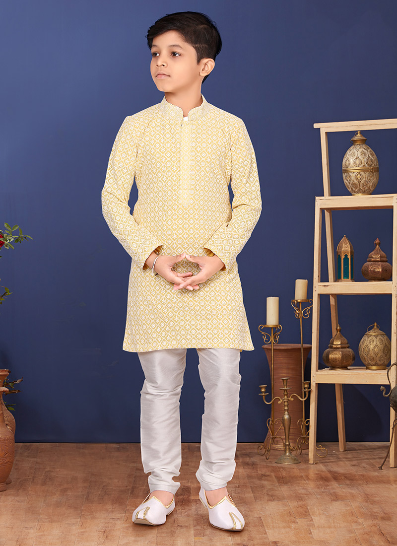 Light Yellow Georgette Embroidered Boys Kurta Pyjama