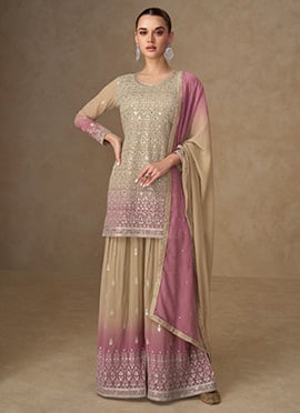 Light Yellow Georgette Embroidered Sequins Mirror Work Pakistani Palazzo Suit