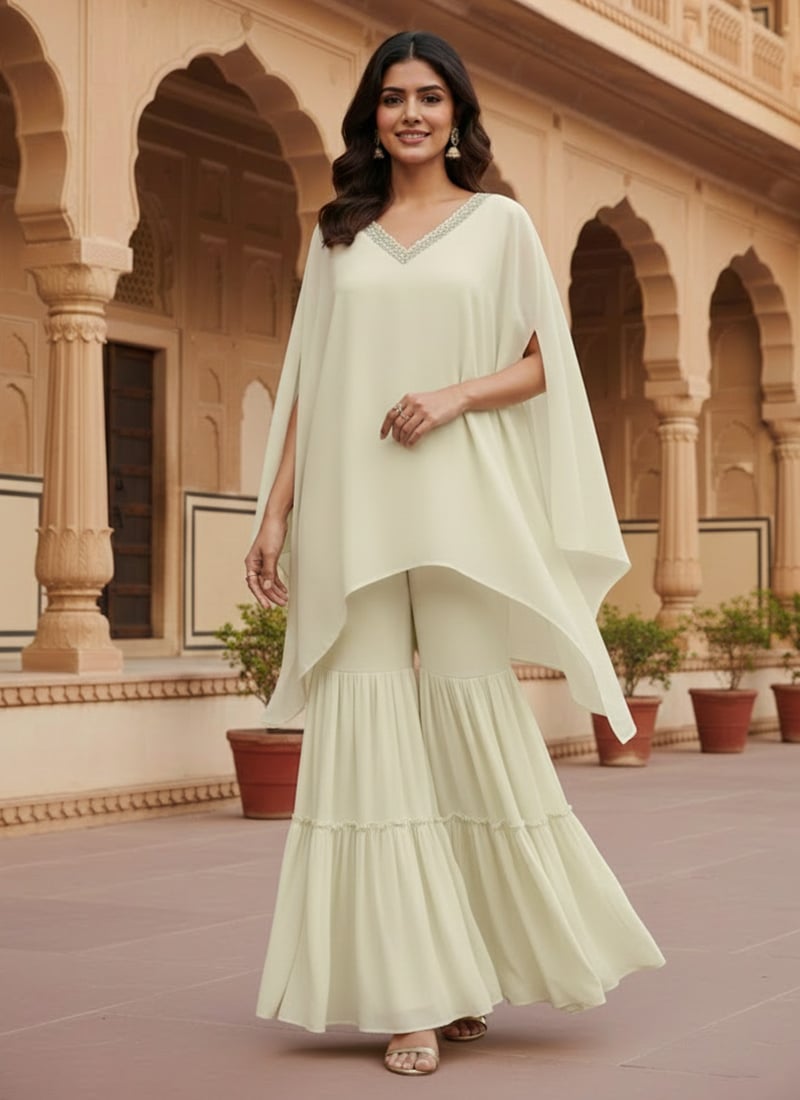 Light Yellow Georgette Lace Work Kaftan Indowestern Sharara Set