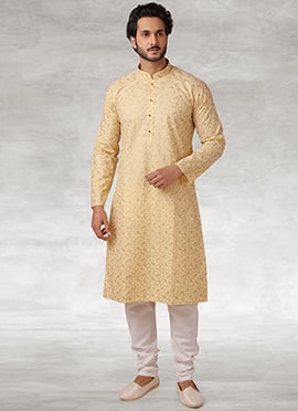 Light Yellow Handloom Cotton Printed Kurta Pyjama