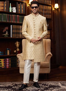 Light Yellow Jacquard Silk Beads Sequins Hand Work Indowestern Sherwani