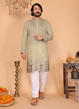 Light Yellow Linen Cotton Embroidered Sequins Kurta Pyjama