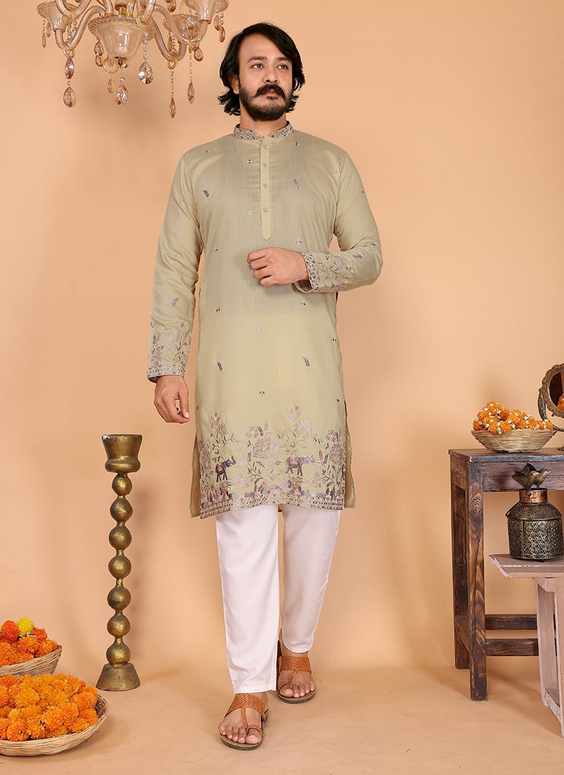 Light Yellow Linen Cotton Embroidered Sequins Kurta Pyjama Festive Wear