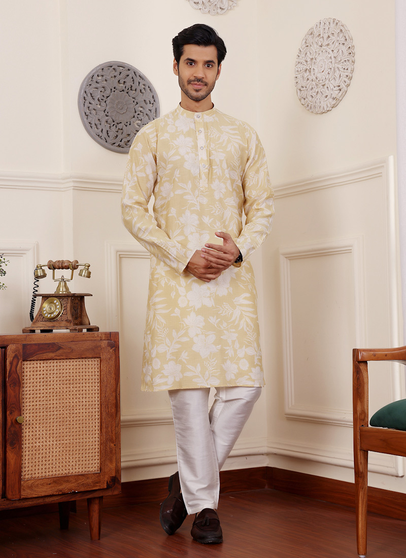 Light Yellow Modal Silk Printed Kurta
