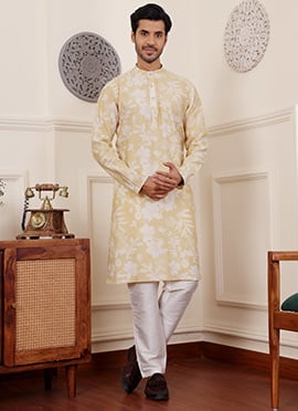 Light Yellow Modal Silk Printed Kurta Pyjama