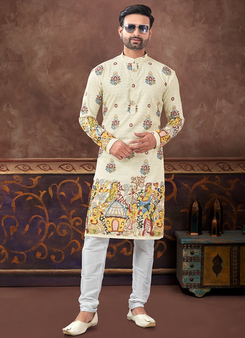 Light Yellow Rayon Thread Digital Print Kurta Pyjama