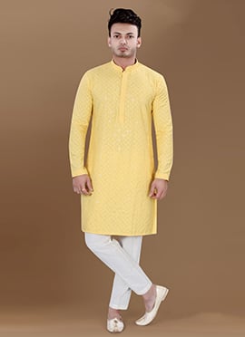 Light Yellow Rayon Thread Sequins Kurta Pyjama