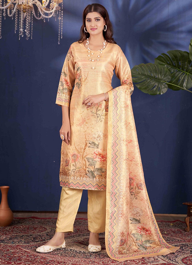 Light Yellow Shimmer Hand Work Digital Work Straight Pant Suit After Six Wear