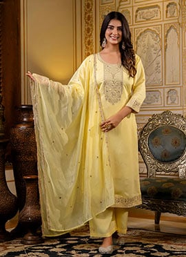 Light Yellow Silk Blend Embroidered Sequins Palazzo Suit