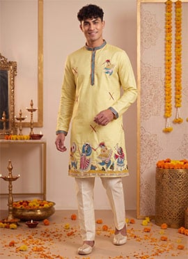 Light Yellow Silk Embroidered Kurta Pyjama For Men