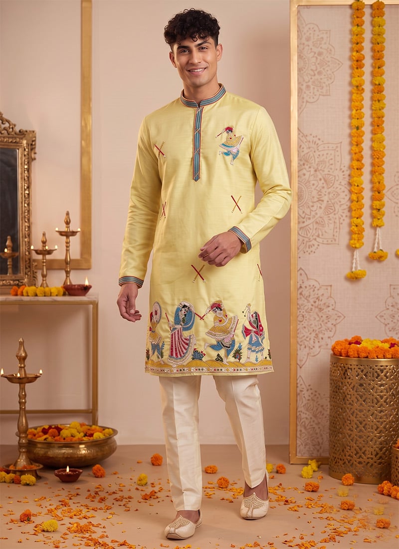Light Yellow Silk Embroidered Kurta Pyjama For Men Festive Wear