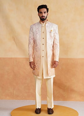Light Yellow Silk Embroidered Sequins Indowestern Sherwani