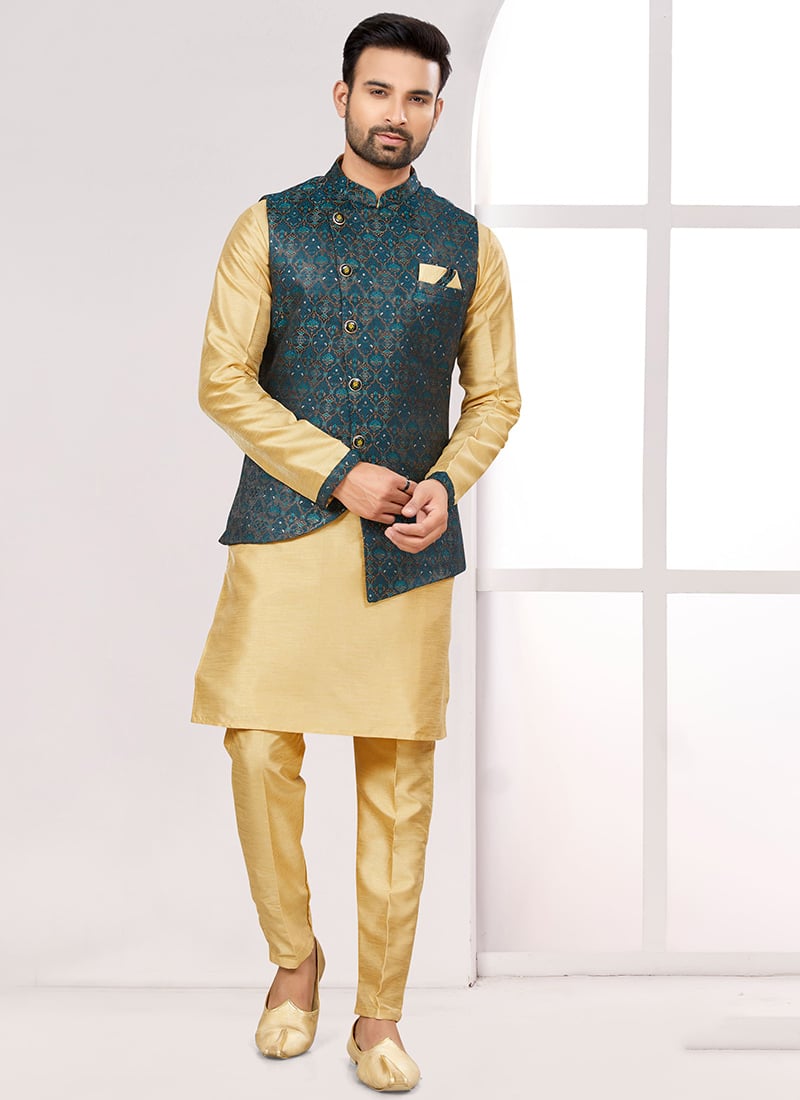 Light Yellow Silk Jacquard Zari Bandi Set Festive Wear