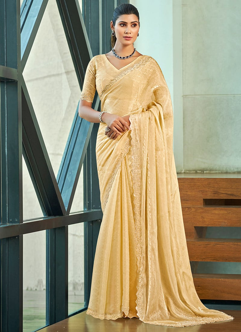 Light Yellow Silk Stone And Beads Embossed Saree Festive Wear