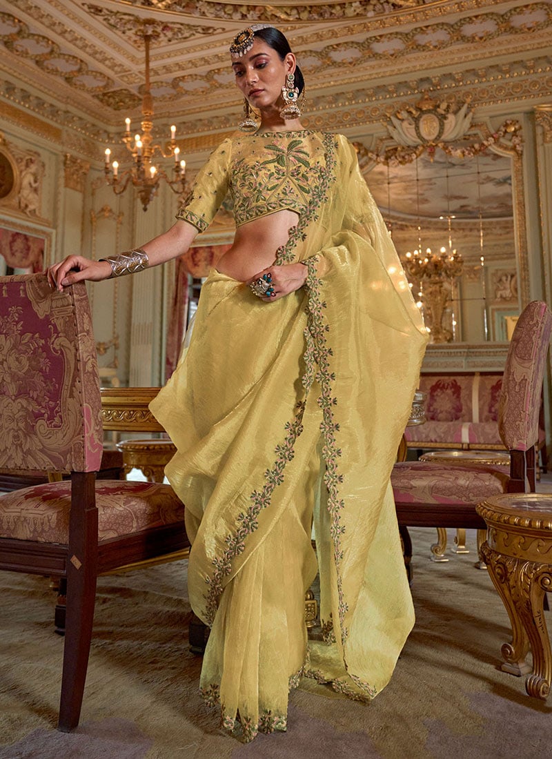 Light Yellow Soft Tissue Silk Zari Embroidered Saree Festive Wear