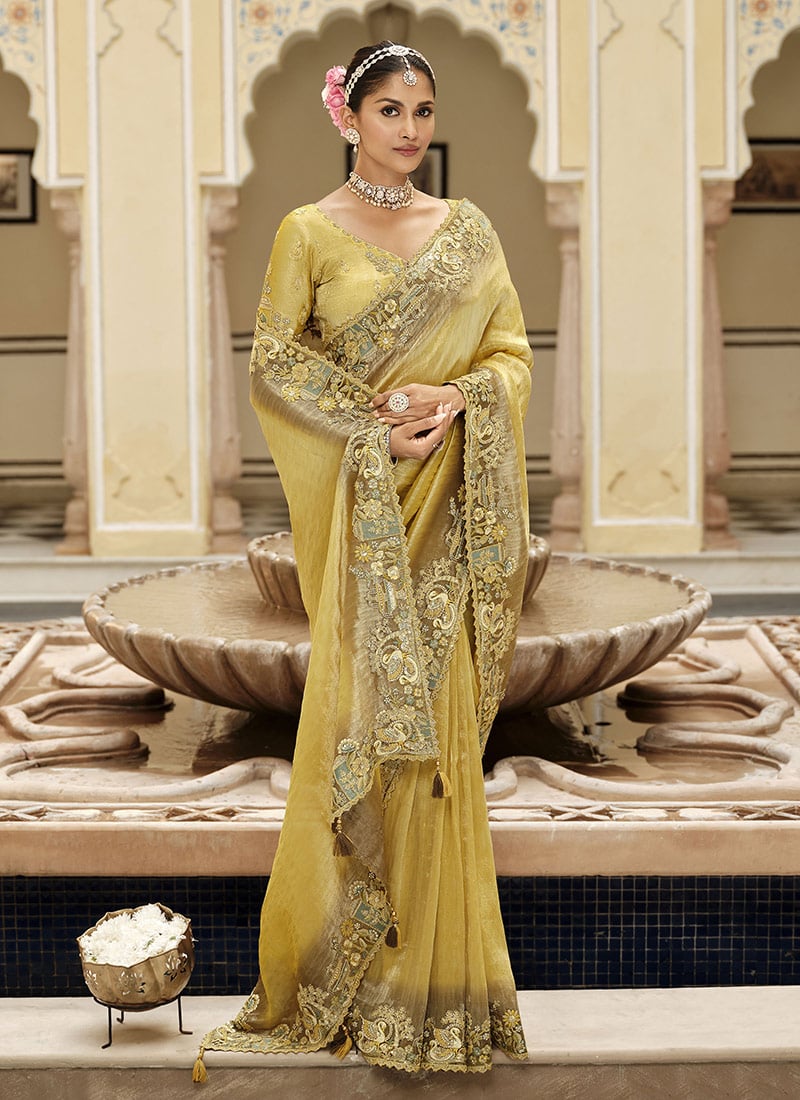 Light Yellow Viscose Jacquard Silk Zari And Sequins Embroidered Saree Festive Wear
