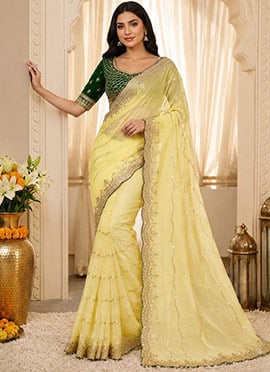 Light Yellow Zari Sequins Embroidered Silk Saree