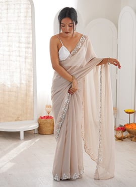 Ligth Beige Chiffon Sequins Cut Dana Beads Work Saree
