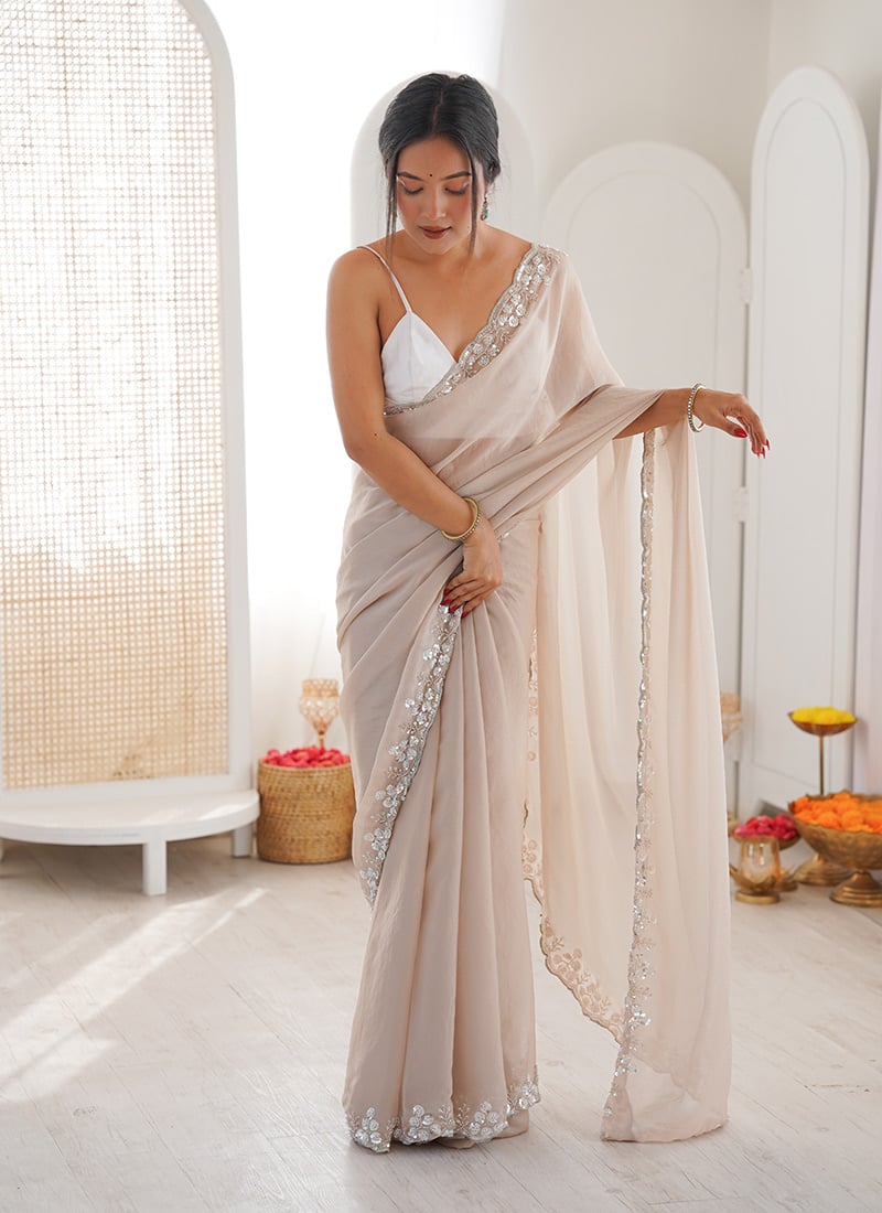 Ligth Beige Chiffon Sequins Cut Dana Beads Work Saree After Six Wear