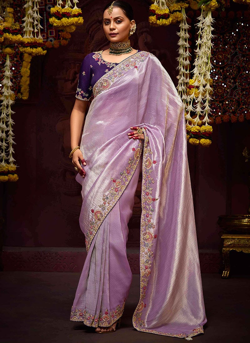 Lilac Banarasi Silk Embroidered And Sequins Beads Thread Work Saree Wedding Wear